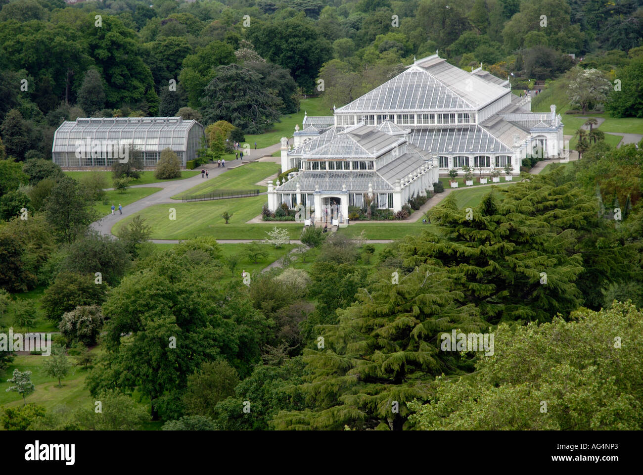 Vista della Casa Clima temperato ed evoluzione casa da cima della pagoda cinese Royal Botanic Gardens di Kew Richmond Surrey in Inghilterra La Gran Bretagna Foto Stock