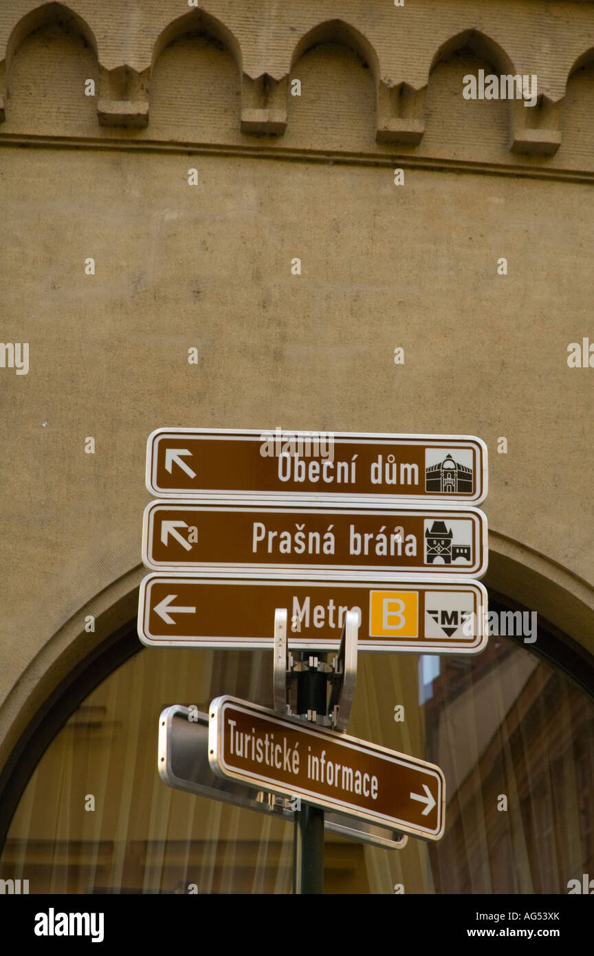 Cartelli segnaletici per turisti in centro di Praga Repubblica Ceca UE Foto Stock