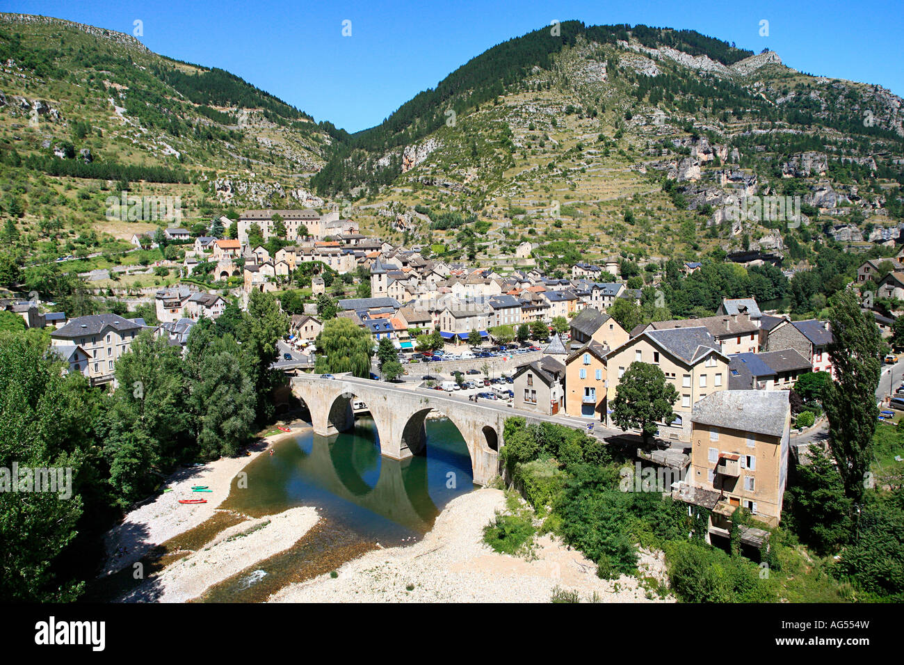 Panoramica di Sainte Enimie, Francia. Foto Stock