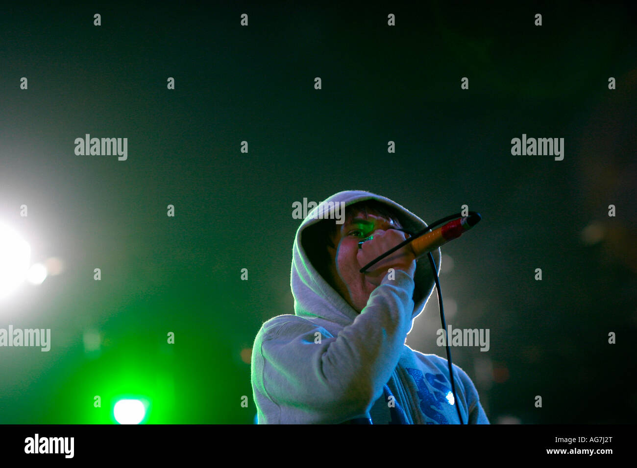 Roughton Rou Reynolds Vocals electronics, Enter Shikari Post hard core band di St Albans, scaricare Rock Festival a Donnington Park Leicestershire Roughton Rou Reynolds Vocals electronics Liam Rory Clewlow guitar Chris Batten bass vocal Rob Rolfe tamburi 8, 10 giugno 2007 Foto Stock