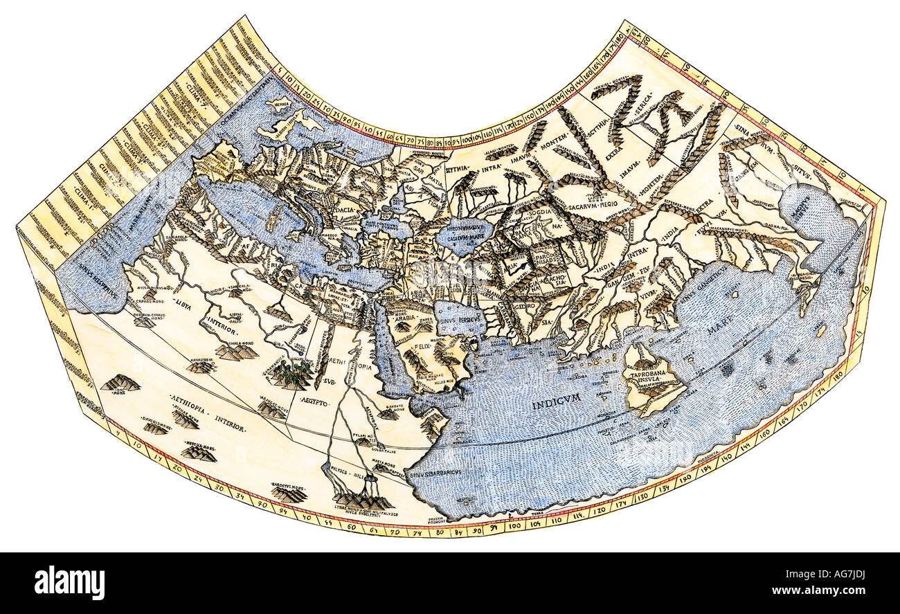 Tolomeo mappa del mondo, un concetto di terra piatta. Colorate a mano la xilografia Foto Stock