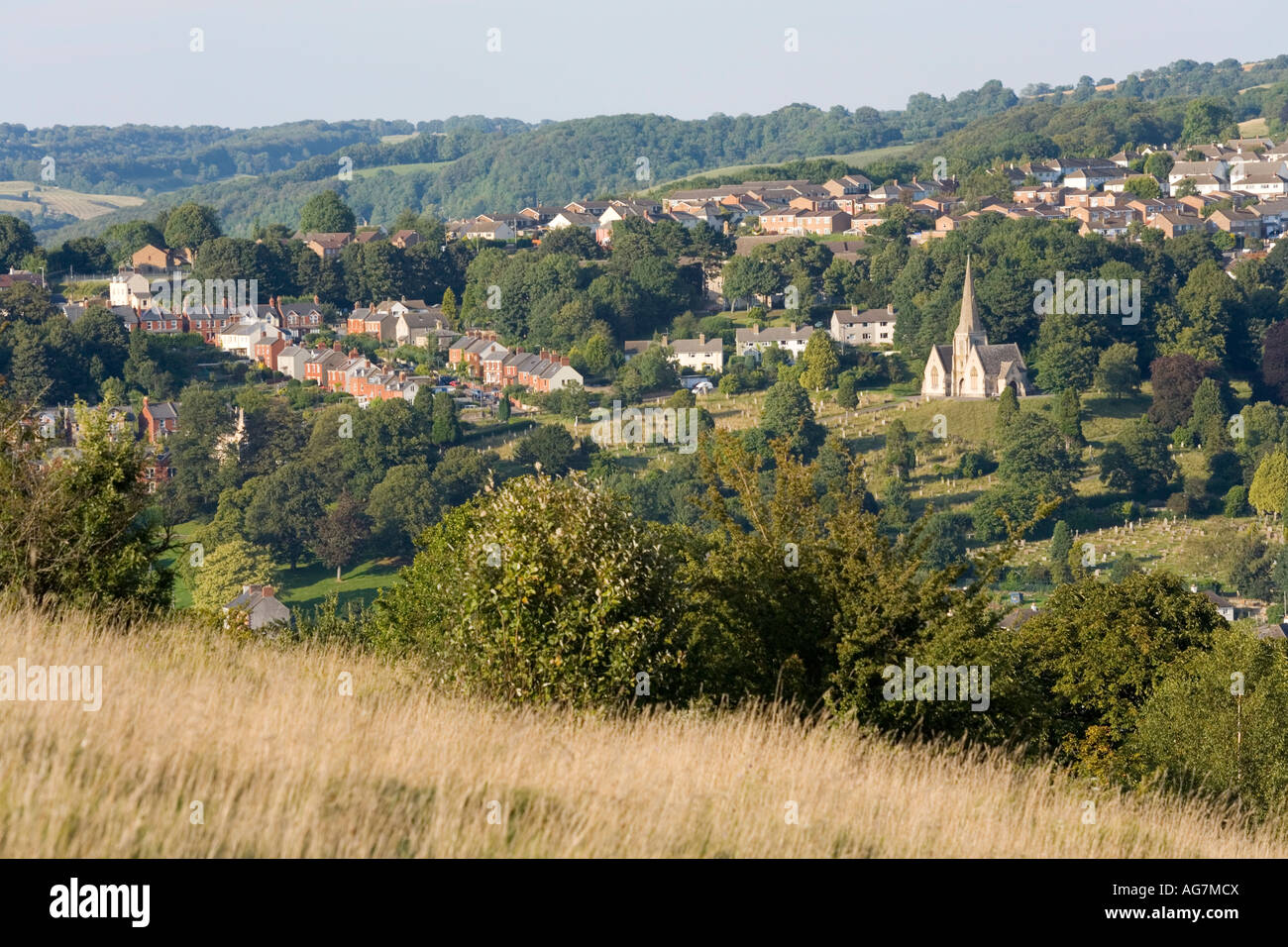 Rodborough comune sulla scarpetta Cotswold guardando verso Bowbridge, Stroud, Gloucestershire UK Foto Stock