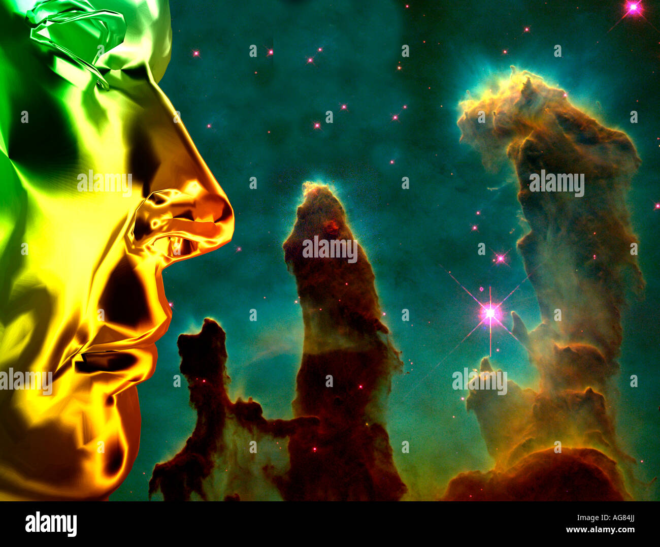 Generata da computer robot maschio faccia miscelato su immagine di colonne di idrogeno interstellare gas e polvere nello spazio esterno Foto Stock