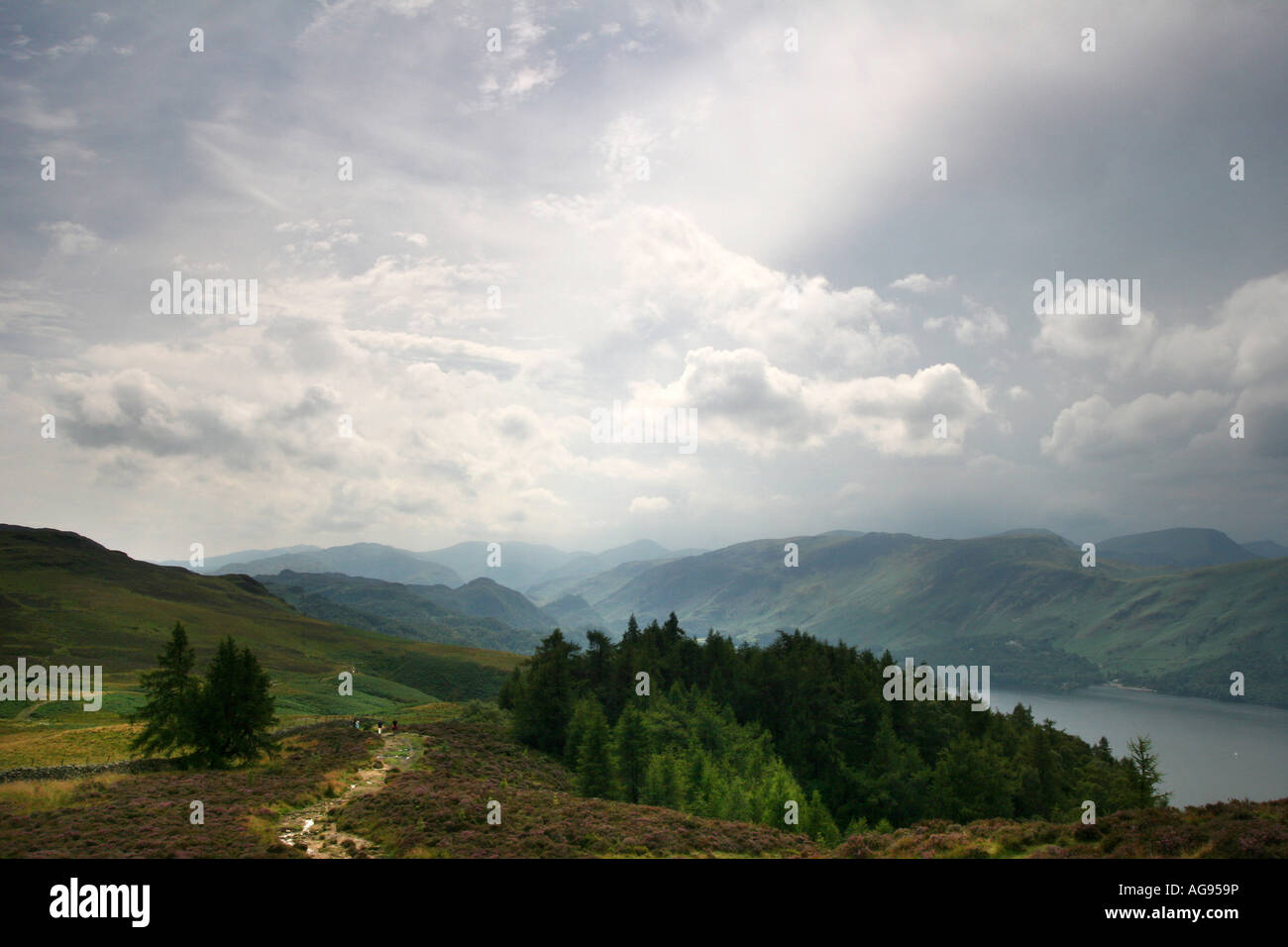 Derwentwater e The Borrowdale Valley dalla sommità della rupe Walla Foto Stock