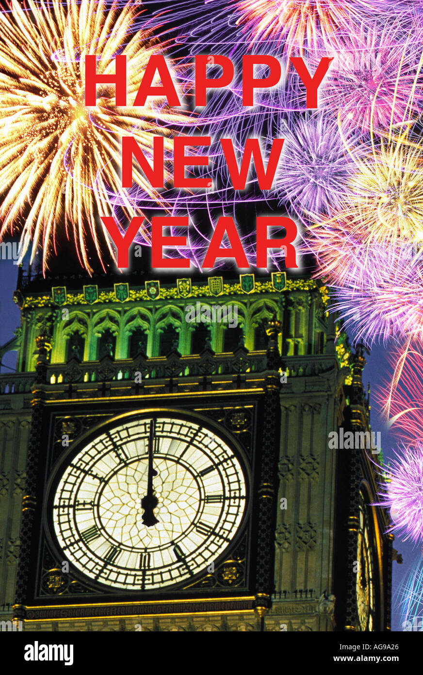 La vigilia del Capodanno fuochi d'artificio a mezzanotte sul Big Ben Londra Inghilterra REGNO UNITO Foto Stock