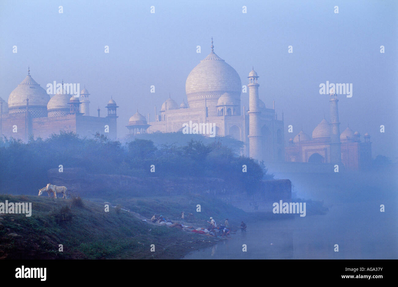 India, Agra il Taj Mahal dal fiume Yamuna all'alba Foto Stock