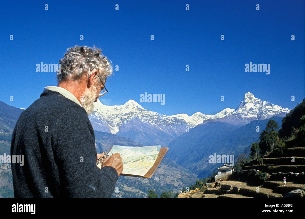 Il Nepal Pokhara Tourist disegno immagine del Himalaya montagne coperte dalla neve Foto Stock