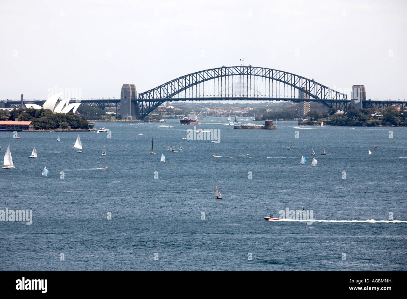 Harbour Bridge Opera House e Fort Denison attraverso Rose Bay dal Vaucluse con barche e navi in Sydney New South Wales NSW Au Foto Stock