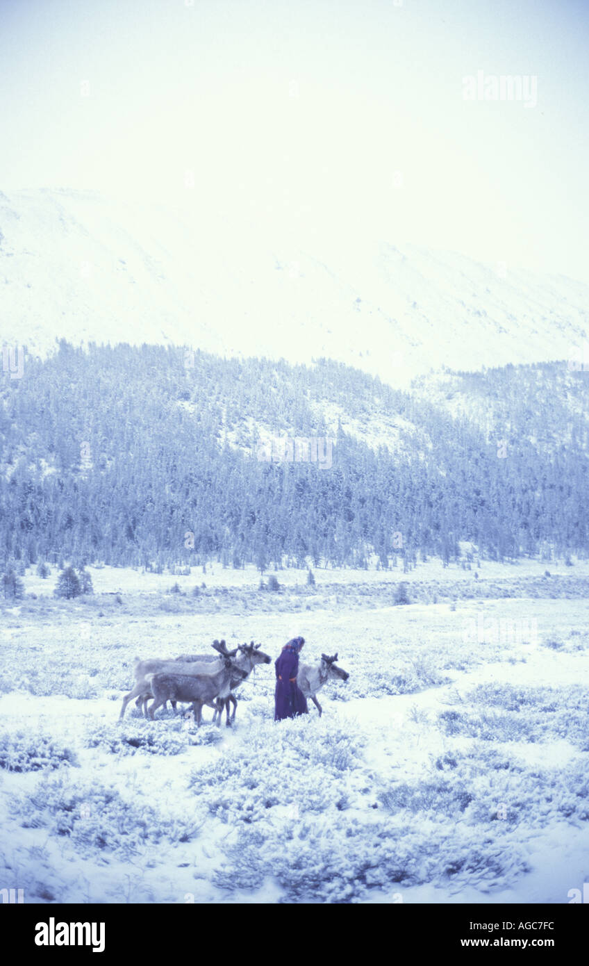 Il Dukha, Dukhans o Duhalar Tsaatan sono una piccola Tuvan comunità turche di renne di pastori che vivono nel nord della Mongolia Foto Stock