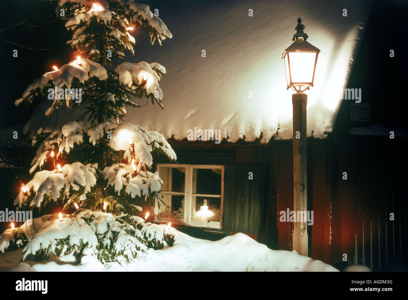 Per esterno albero di Natale laden con fresca neve caduti accanto alla vecchia strada lampada incandescente di notte nella Città Vecchia di Stoccolma, Svezia Foto Stock