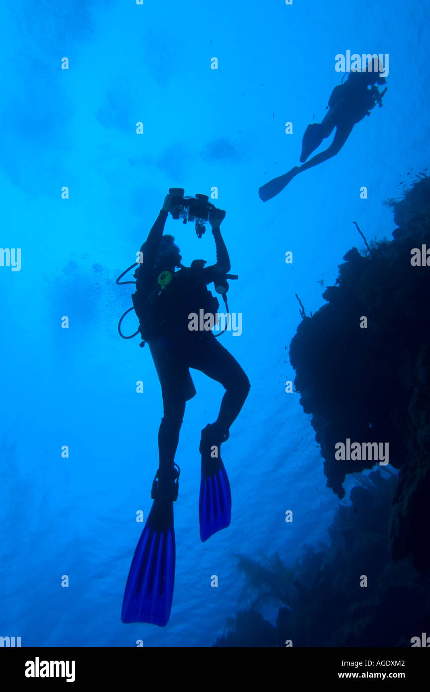 Una femmina di subacqueo a fotografare un altro subacqueo su una scogliera in Little Cayman Foto Stock