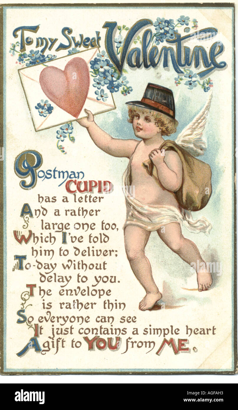 Chromolithographed, goffrato, san valentino cartoline di auguri postally utilizzati 1909 Foto Stock