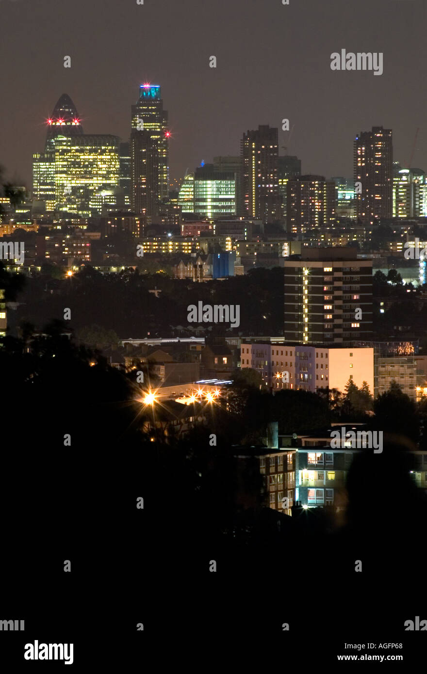 Vista notturna della città di Parliament Hill, Hampstead Hill, Londra, Inghilterra Foto Stock
