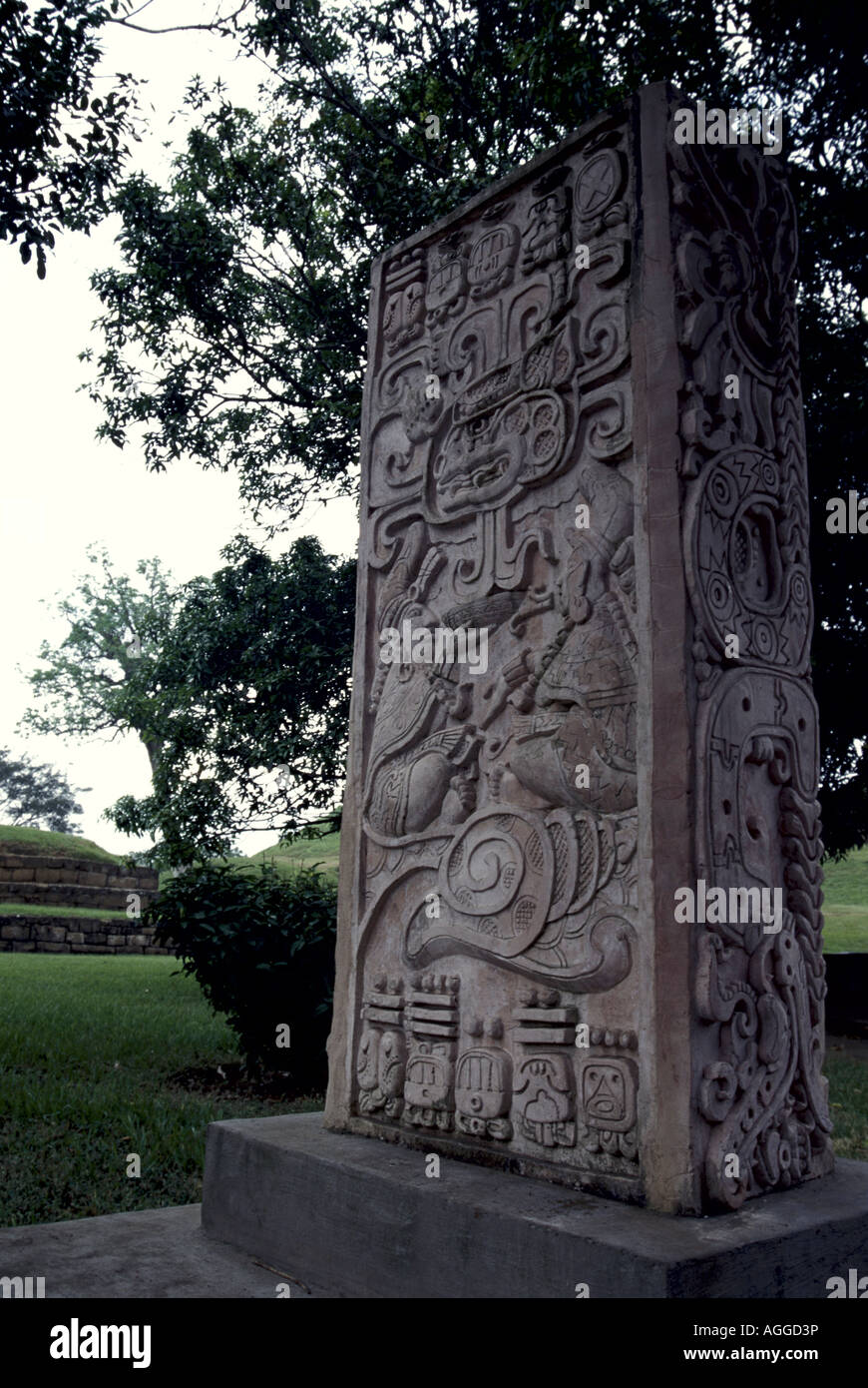 Replica di una stele Maya presso le rovine Maya di San Andres in El Salvador, America Centrale Foto Stock