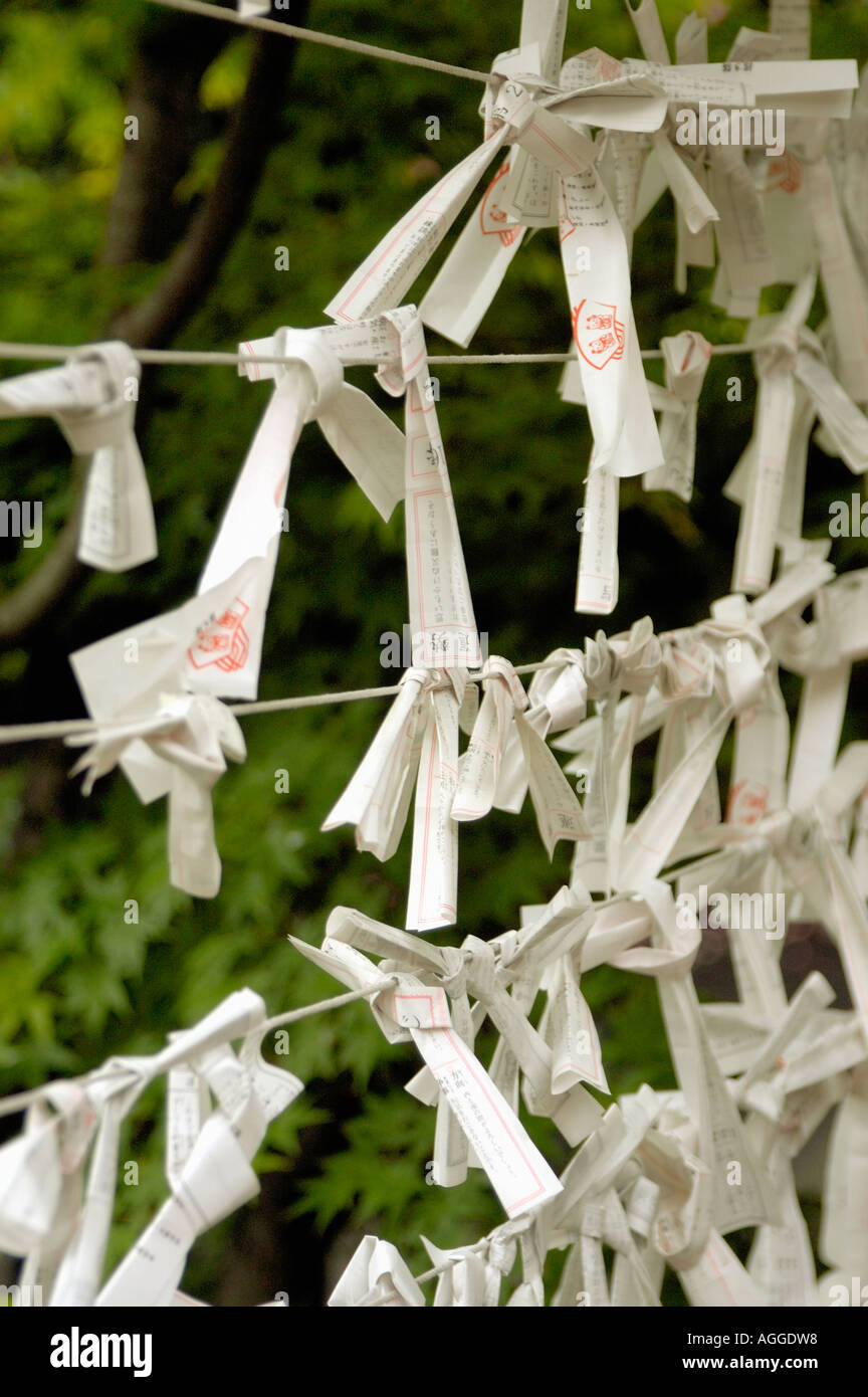Corda con fortune (omikuji) legato attorno ad esso, Tokyo, Giappone Foto Stock
