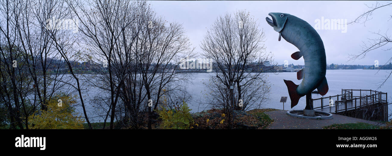Canada Ontario Kenora Huskie il Muskie un 40 piedi di altezza in fibra di vetro scultura di pesce lungo il lago dei boschi sulla mattina di autunno Foto Stock