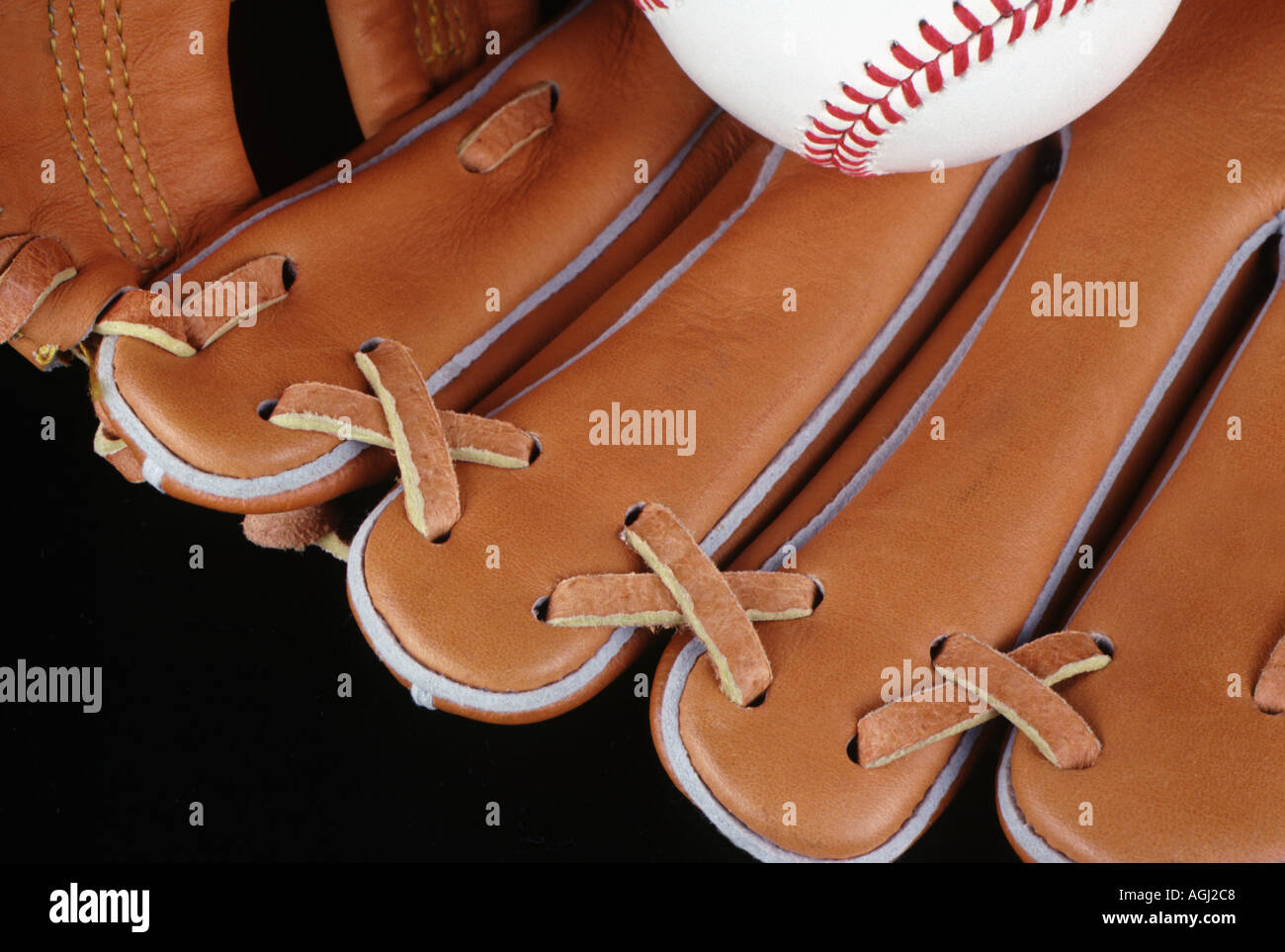 Il baseball in Guanto baseball close up Foto Stock