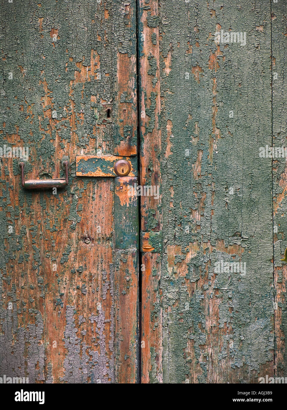 Vista in dettaglio della vernice incrinata e legno stagionato sulla porta a Vernazza Italia Foto Stock