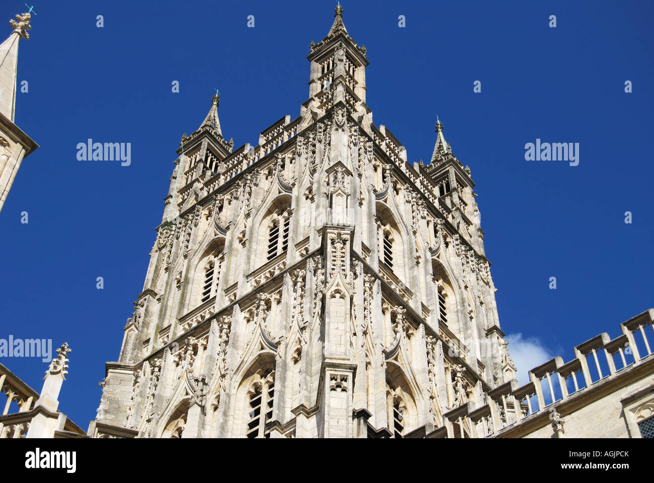 La torre della cattedrale, la cattedrale di Gloucester, Gloucester, Gloucestershire, England, Regno Unito Foto Stock