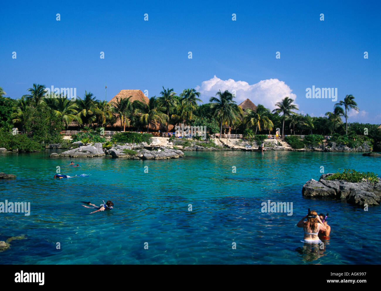 I turisti lo snorkeling nelle calde acque della laguna a Xel Ha in Messico Foto Stock