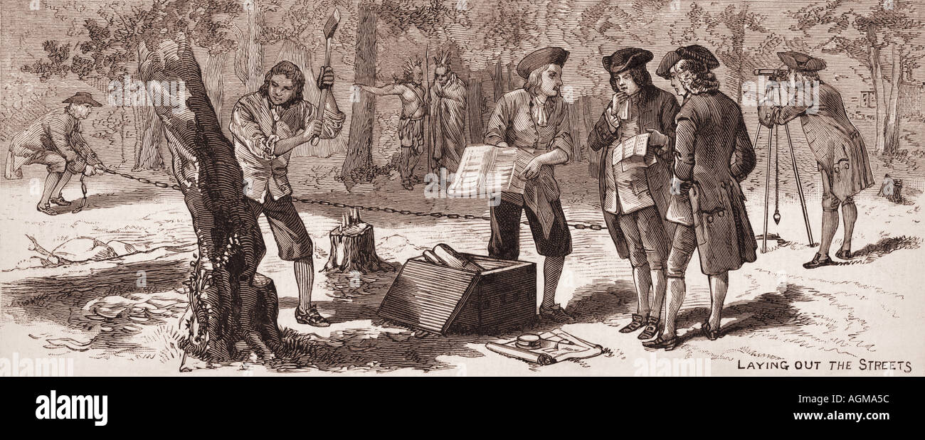 William Penn (1644-1718) sovrintende la posa di fuori piano fisico per colonial Philadelphia, Stati Uniti d'America Foto Stock