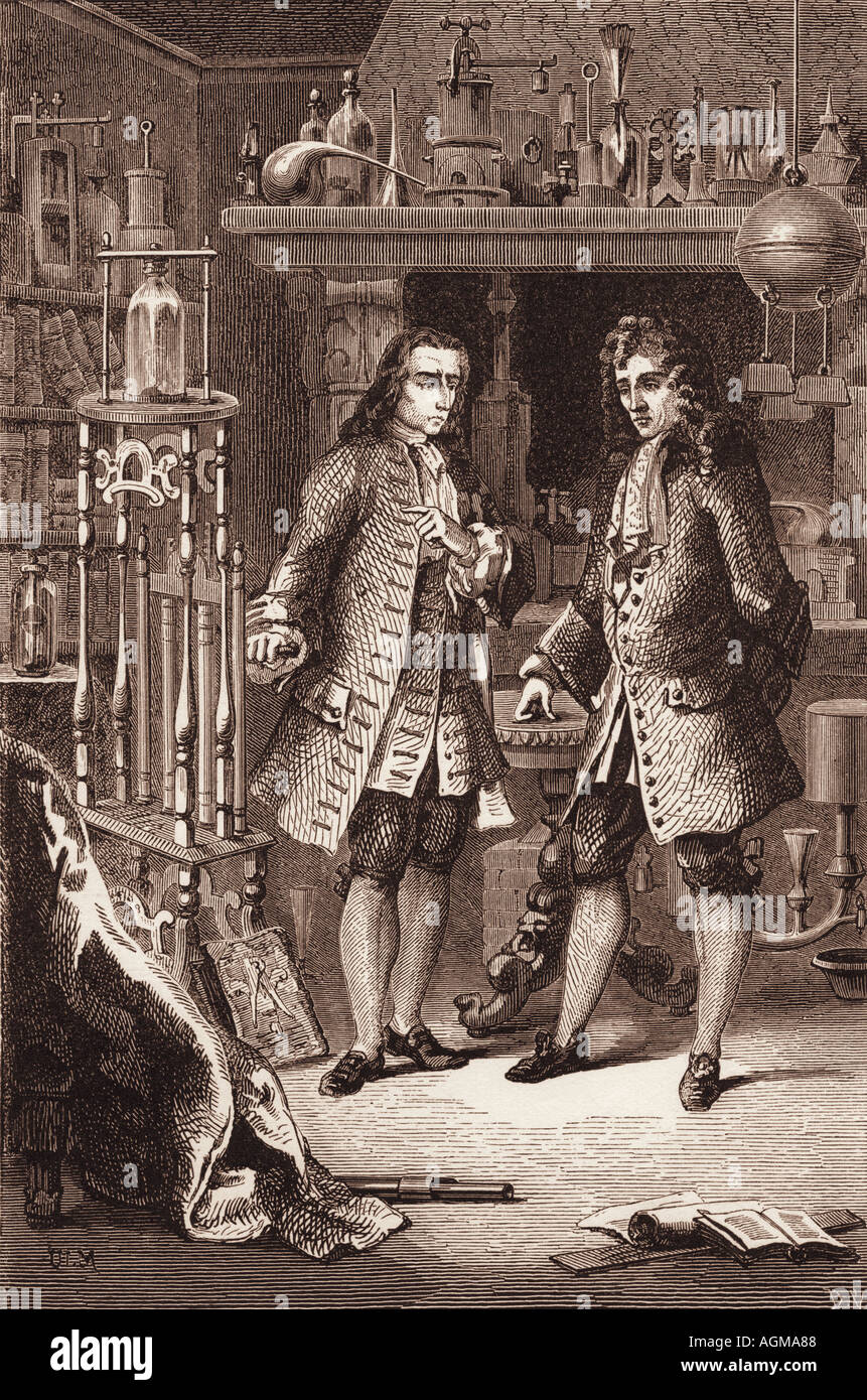 Robert Boyle (1627-1691) nel suo laboratorio, xvii secolo Foto Stock