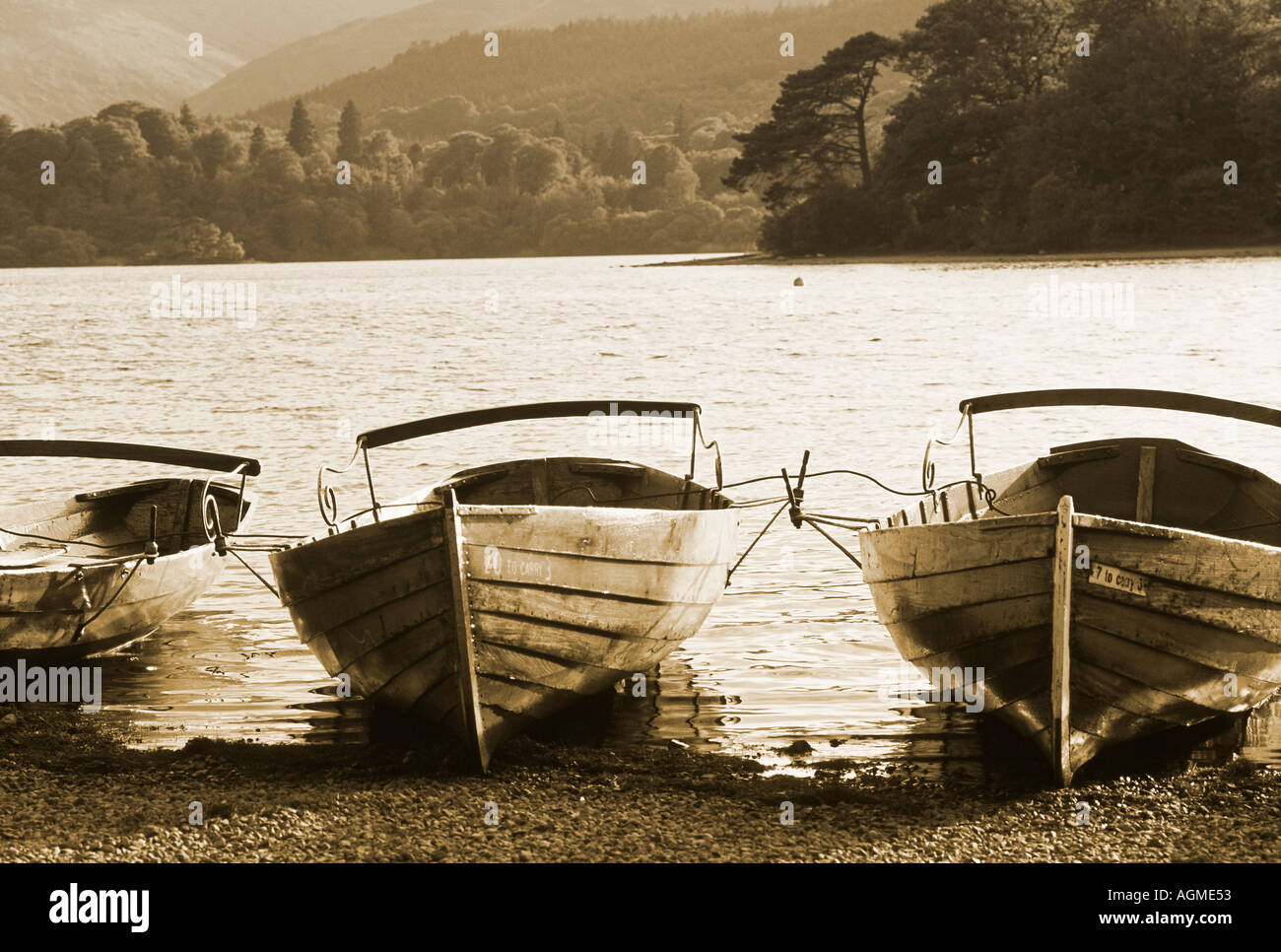 Barche a remi a bordo di Derwentwater a Keswick nel distretto del lago versione monocromatica in seppia Foto Stock