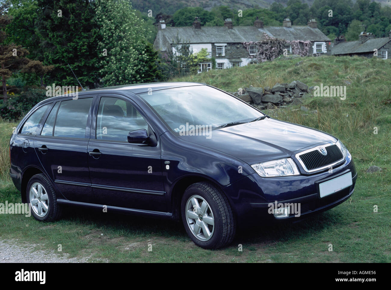 Skoda Fabia parcheggiata sul prato di fronte di Cottages Foto Stock