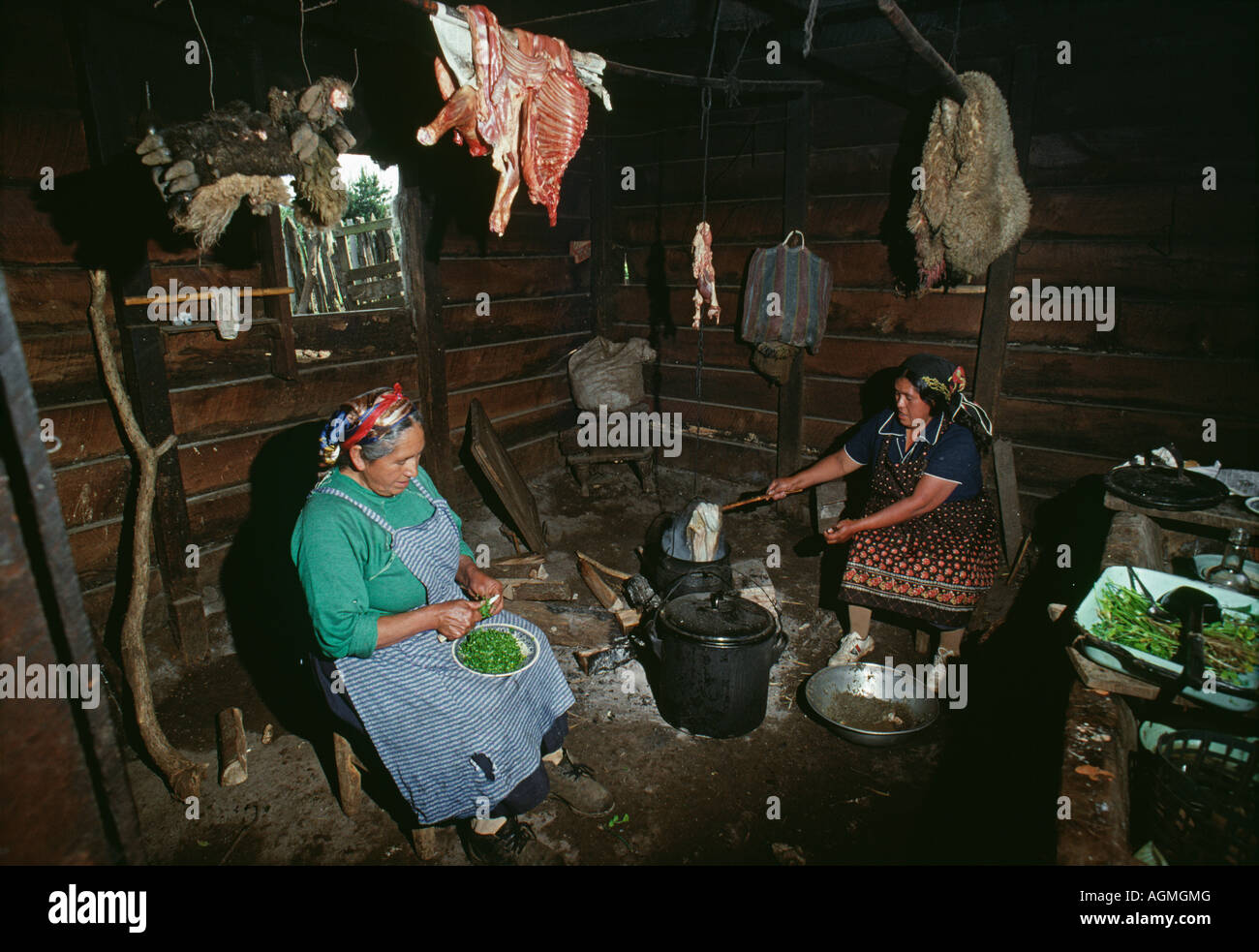 Il Cile, Temuco, donne mapuche la cottura in cucina Foto Stock