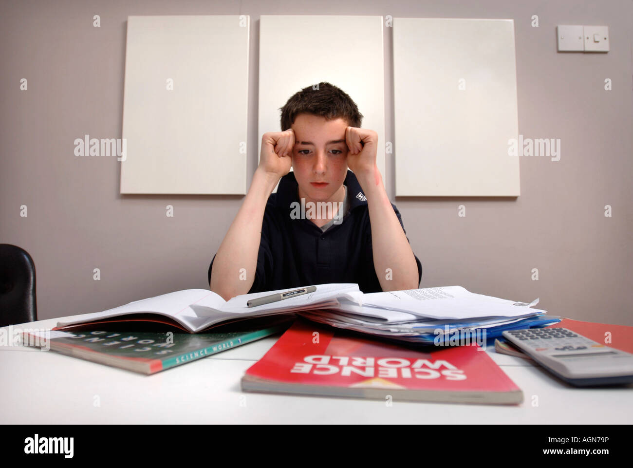 Ritratto di un ragazzo adolescente con la sua scienza compiti REGNO UNITO Foto Stock