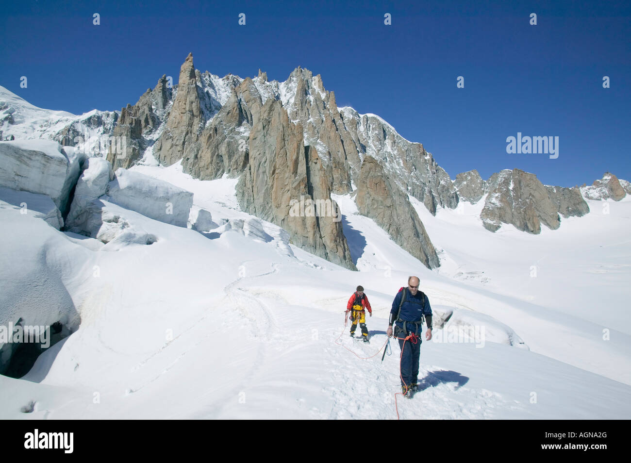 Gli alpinisti sulla valle Blanche sopra Chamonix Francia Foto Stock