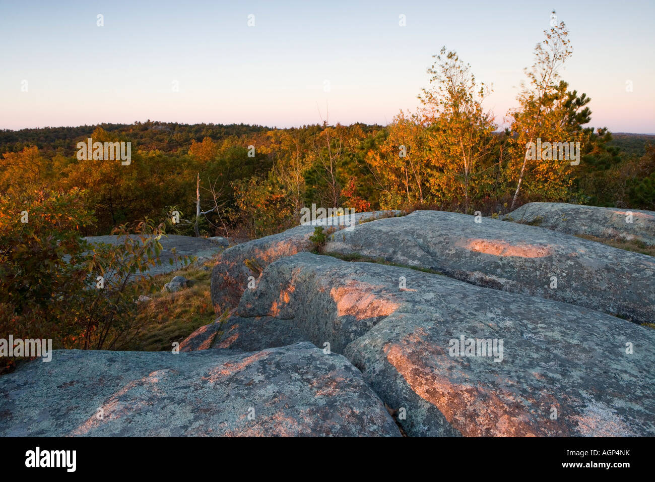 La mattina presto luce sul granito sul tramonto Rock in Gloucester Massachusetts Foto Stock