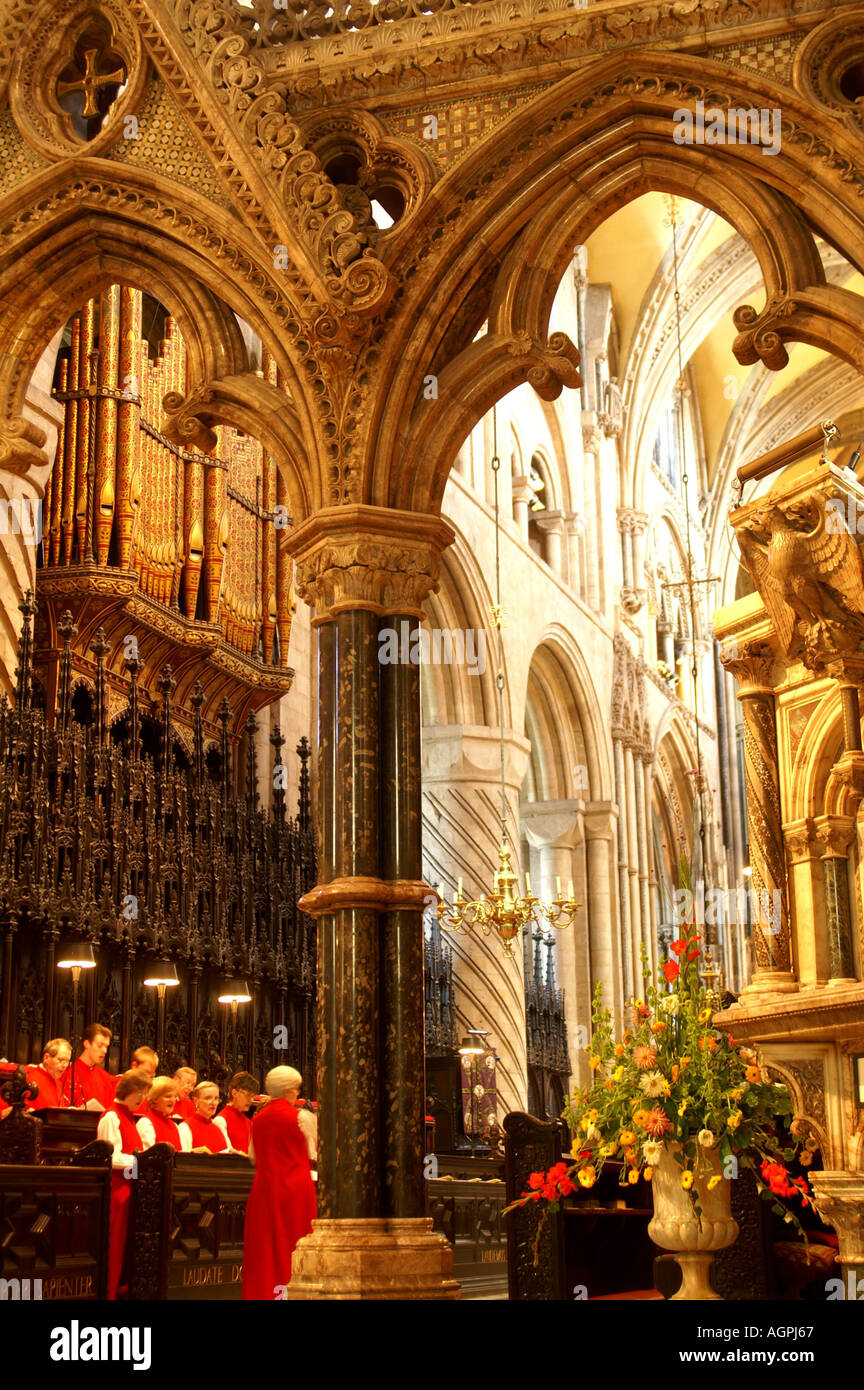 Il Cudiero choirstalls e il presbiterio schermo Durham Cathedral England Regno Unito Regno Unito Gran Bretagna GB Europa Foto Stock