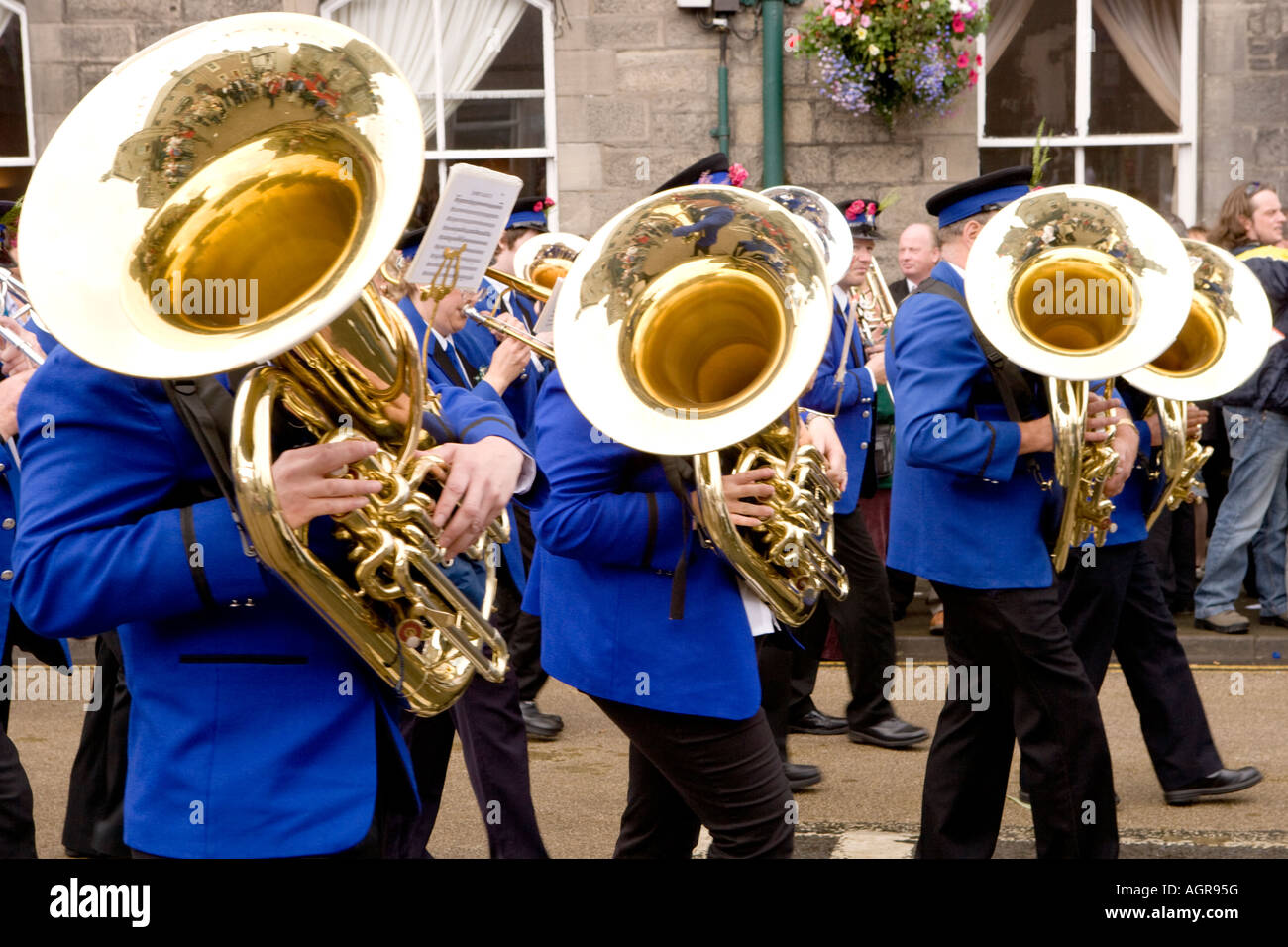 Tradizionale manifestazione Langholm Equitazione comune banda di ottoni Toon Band la fama di essere il più antico in Eskdale Dumfries and Galloway Scotland Foto Stock