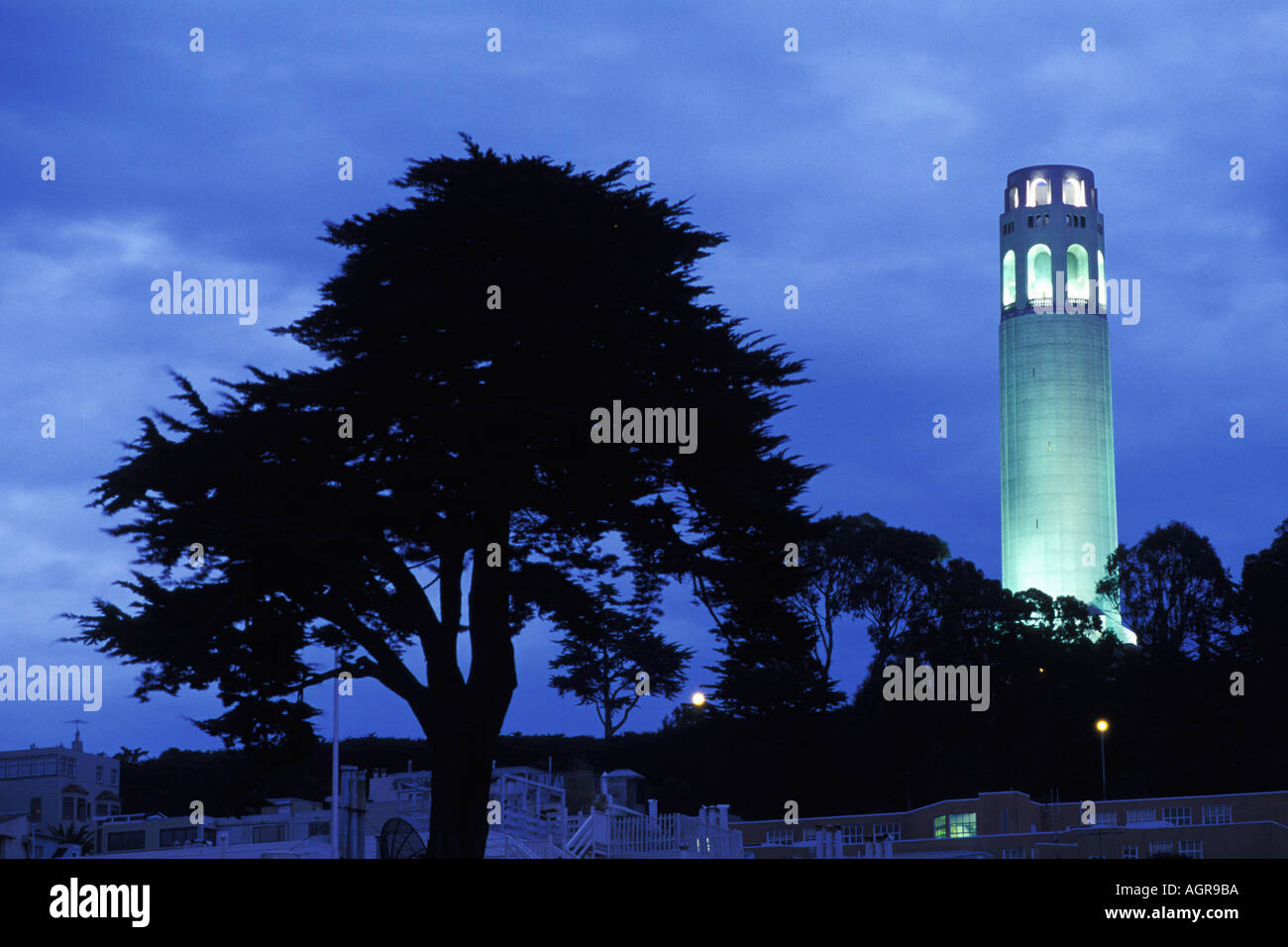 California, San Francisco, Coit Tower di notte da Washington Square Foto Stock