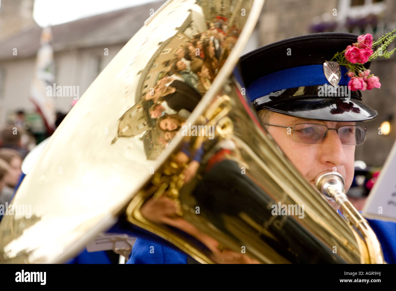 Tradizionale manifestazione Langholm Equitazione comune banda di ottoni Toon Band la fama di essere il più antico in Eskdale Dumfries and Galloway Scotland Foto Stock