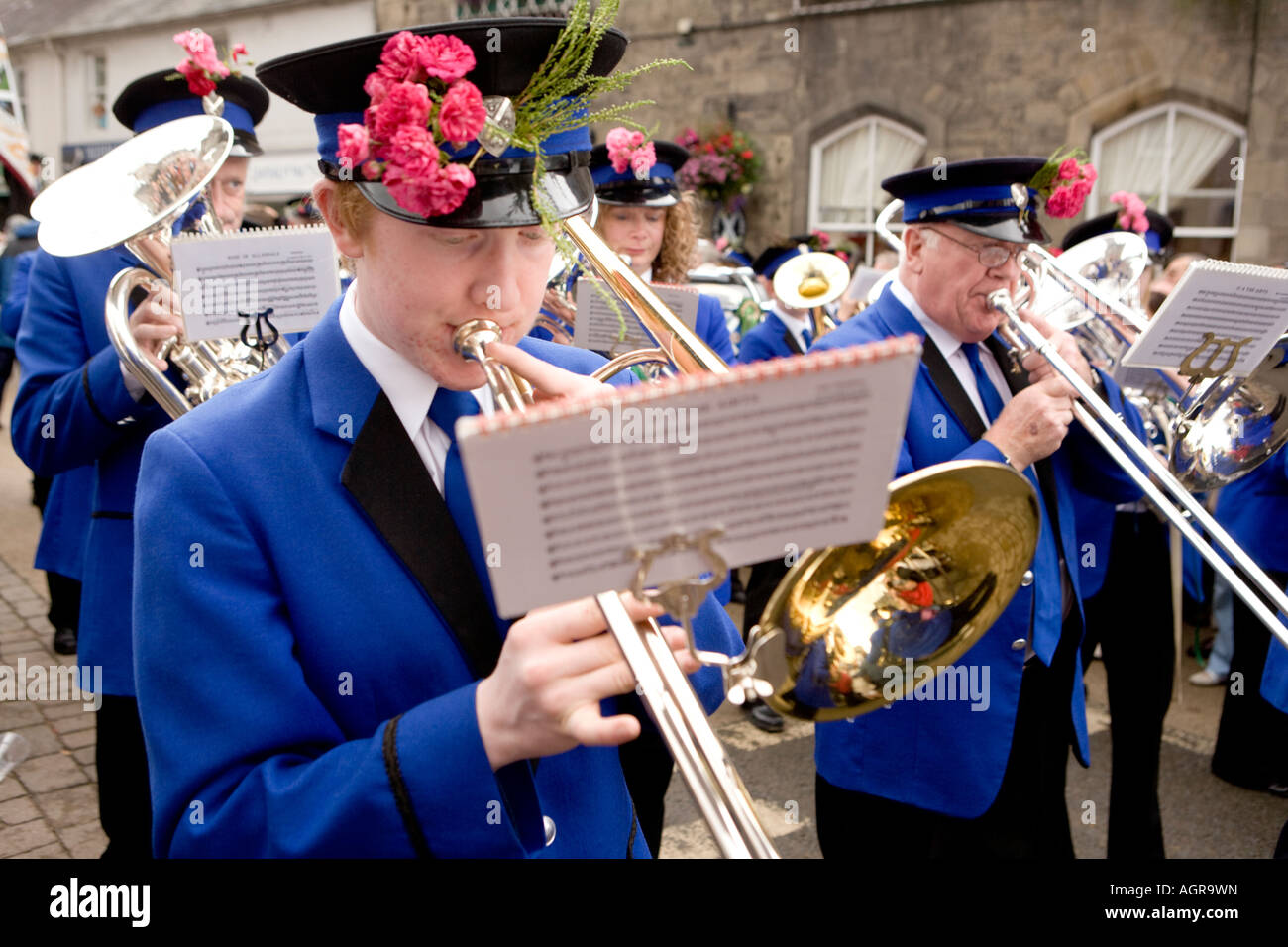 Tradizionale manifestazione Langholm Equitazione comune banda di ottoni Toon Band la fama di essere il più antico in Eskdale Dumfries and Galloway Scotland Foto Stock