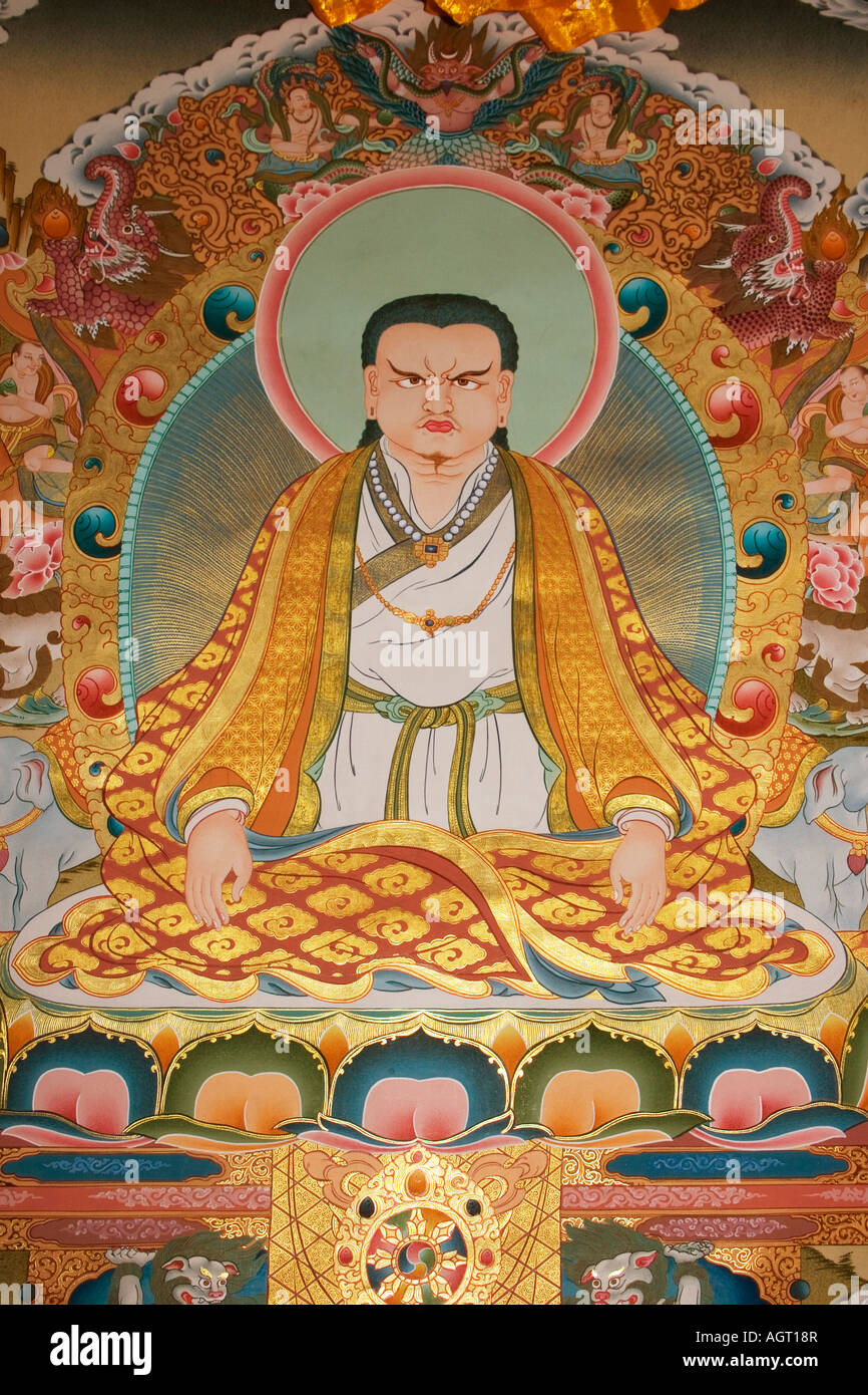 Decorate da parete all'interno dell'Illuminismo Stupa raffiguranti Marpa Foto Stock