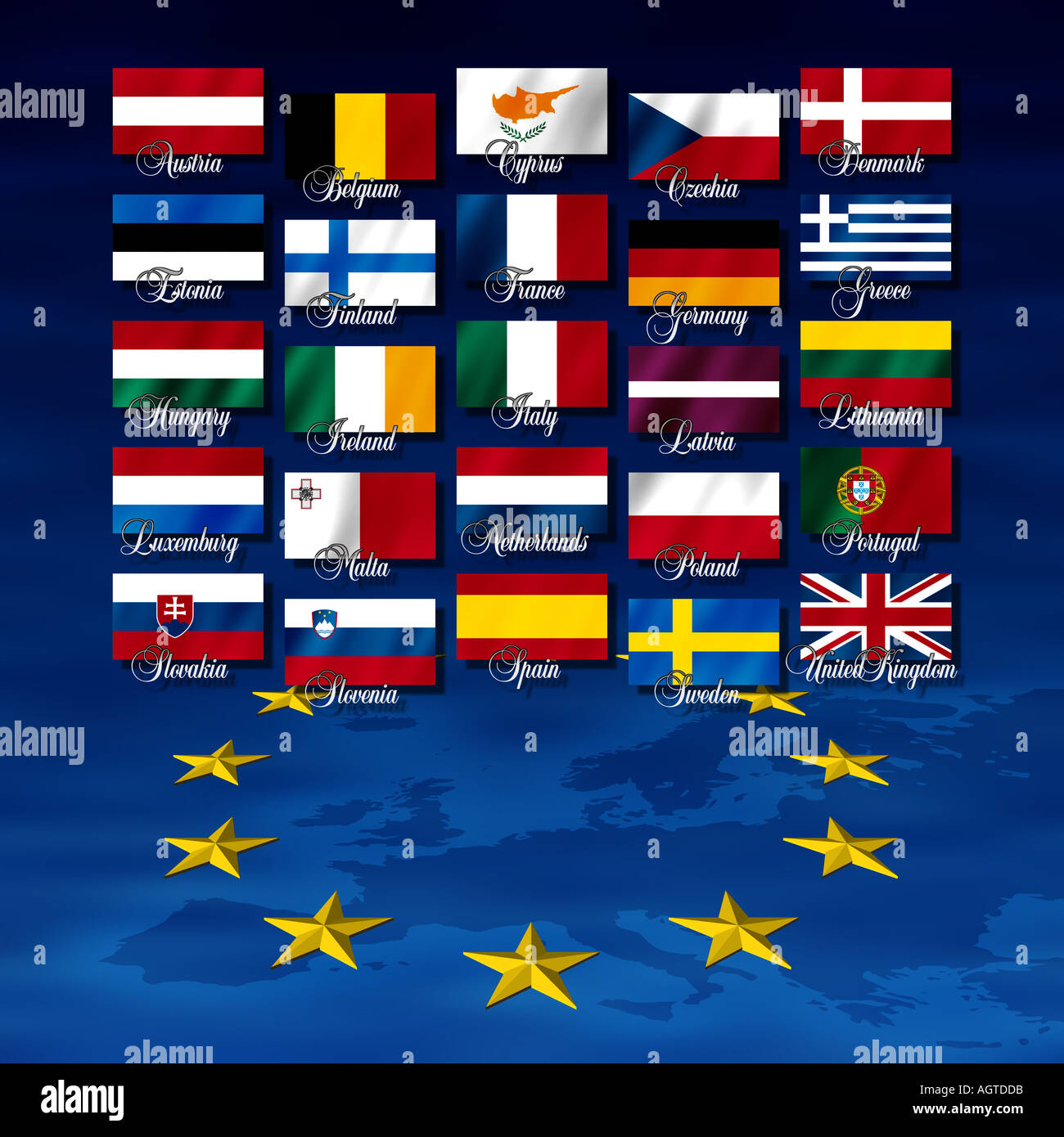 Bandiere di Stati Nazioni con nomi e nella parte inferiore di una mappa e  la corona di stelle Foto stock - Alamy
