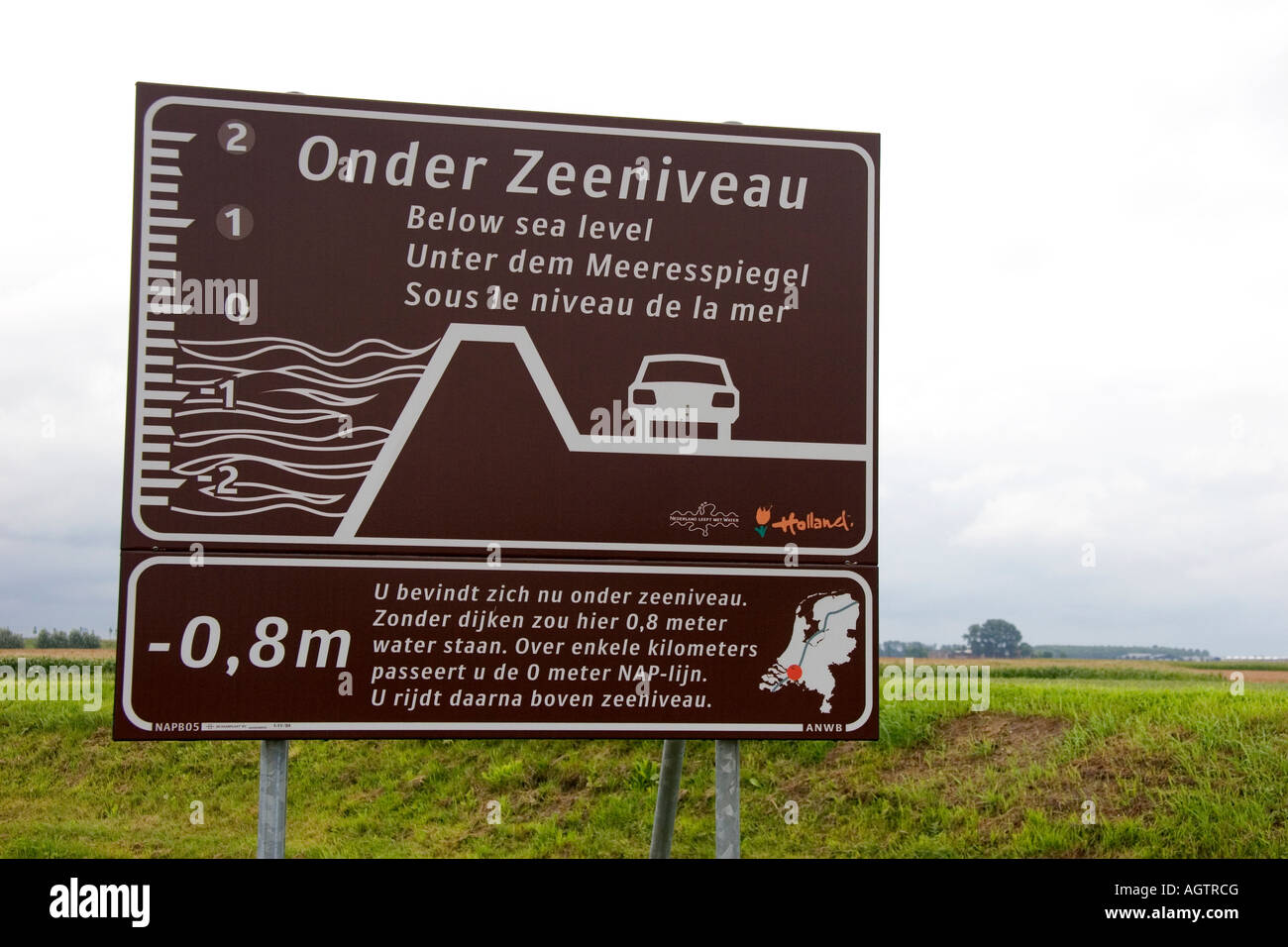 Un cartello stradale che indica che ci si trova al di sotto del livello del mare a Zuidplaspolder Paesi Bassi Foto Stock