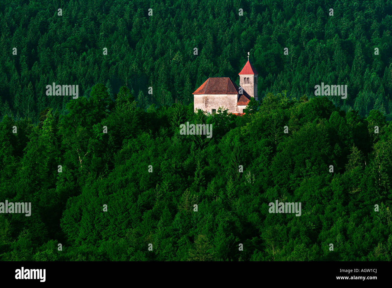Chiesa di San Giuseppe circondato da foresta, Barje, Slovenia Foto Stock