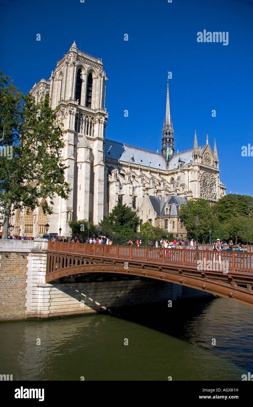 La cattedrale di Notre Dame lungo il fiume Senna a Parigi Francia Foto Stock