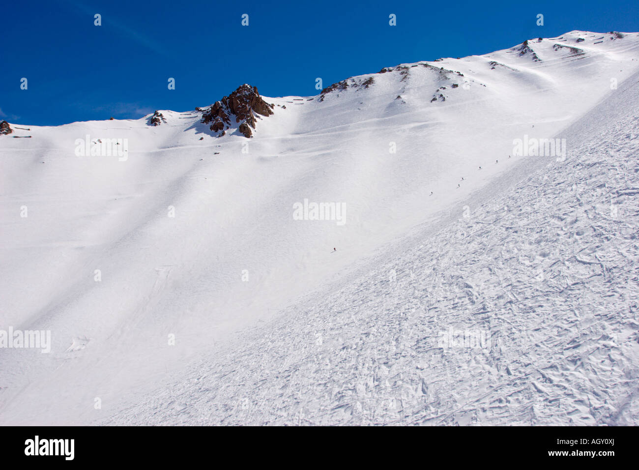 Corso di sci in Penitentes, Mendoza, Argentina, visto dagli impianti di risalita Foto Stock