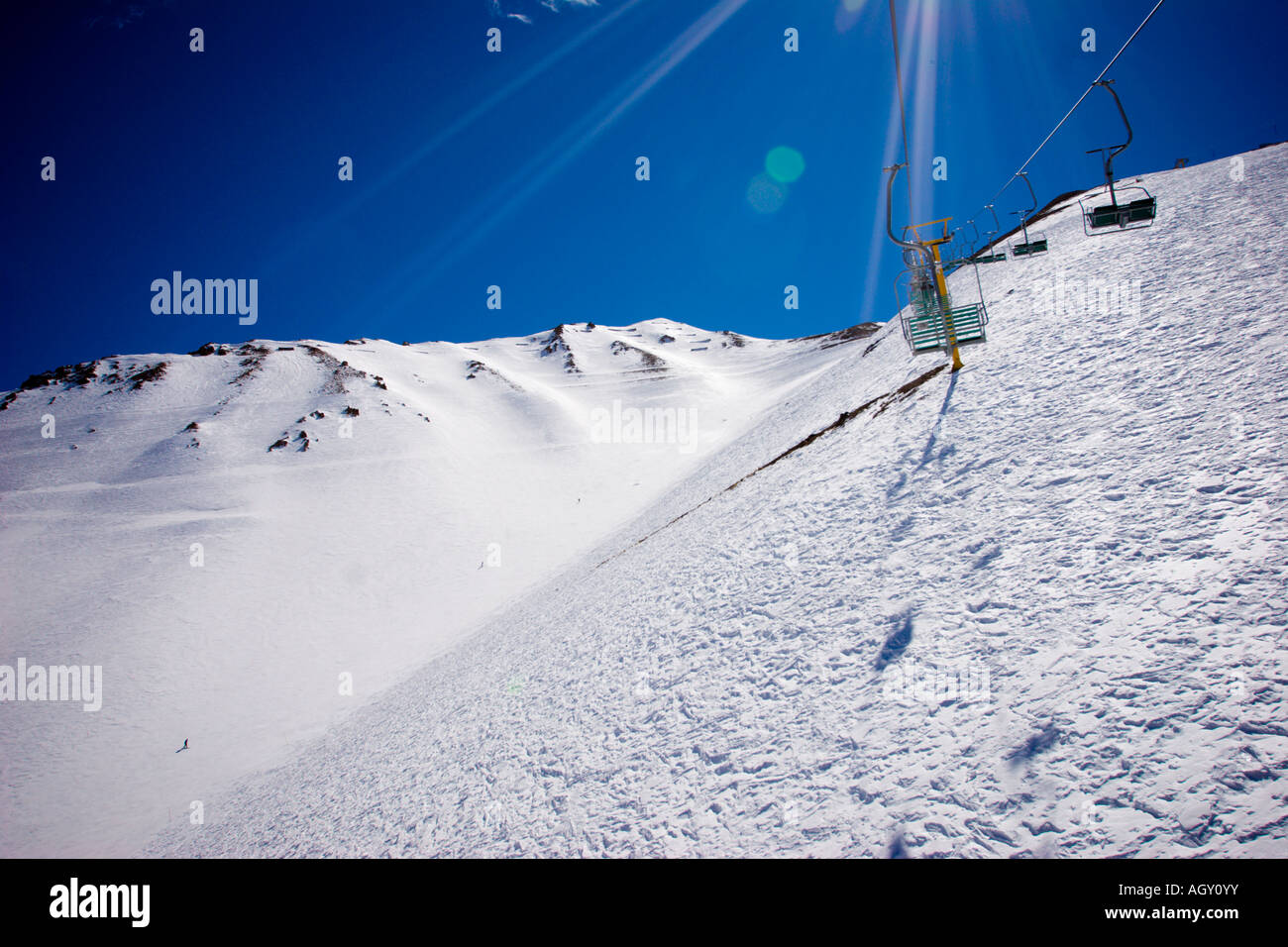 Corso di sci in Penitentes, Mendoza, Argentina, visto dagli impianti di risalita Foto Stock