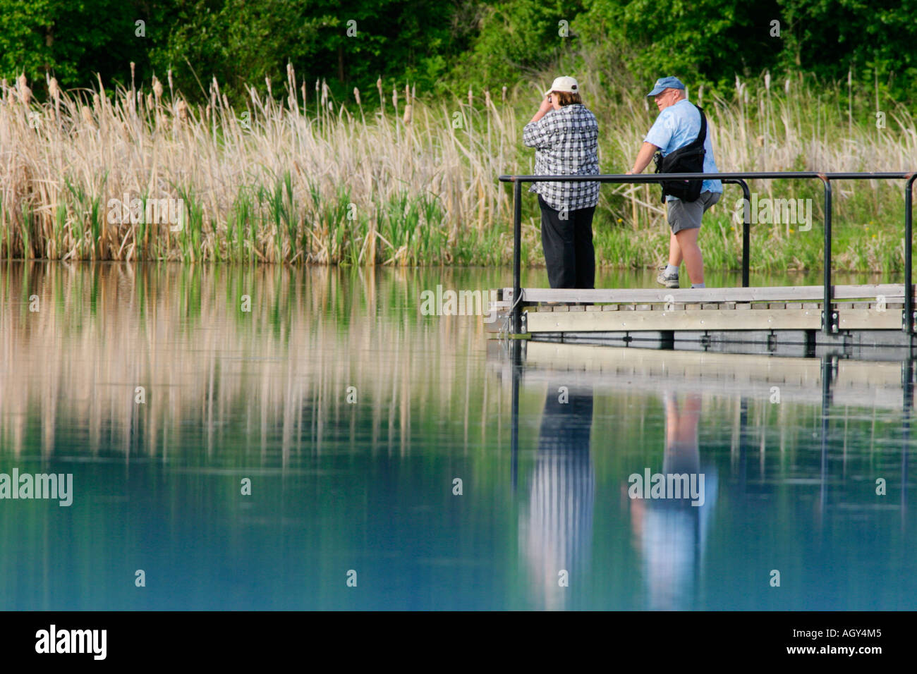 Giovane birdwatching dal Boardwalk sul lago Astotin in primavera Elk Island National Park nello stato di Alberta in Canada Foto Stock