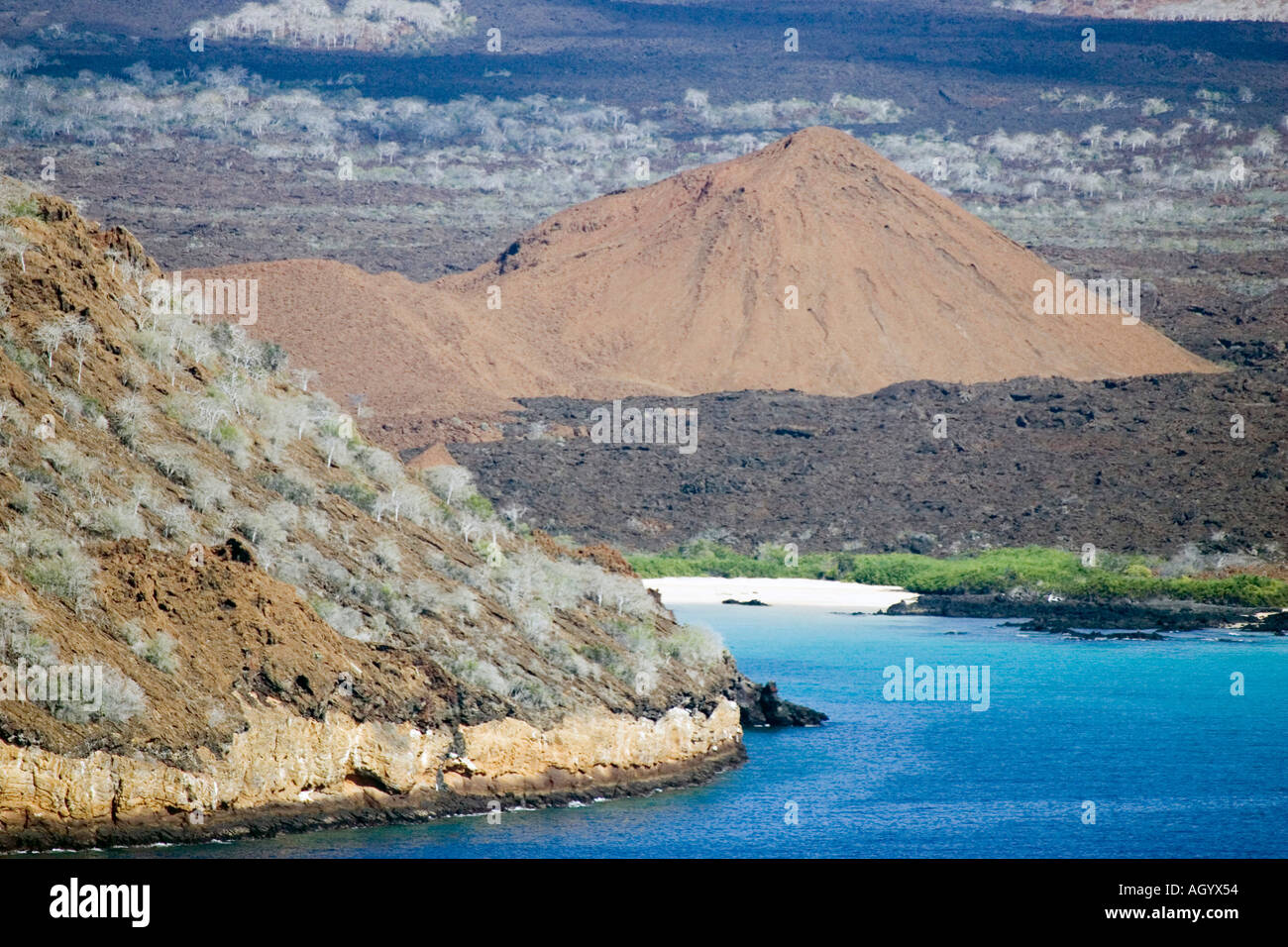 Marrone coni di tufo in nero campi lavici dell'isola di Santiago parte delle Galapagos isola gruppo Foto Stock