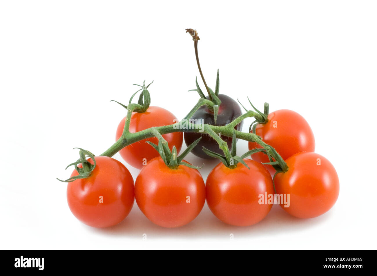 Una confettura di amarene e un mazzetto di piccolo dolce Pomodori ciliegia sulla vite Foto Stock