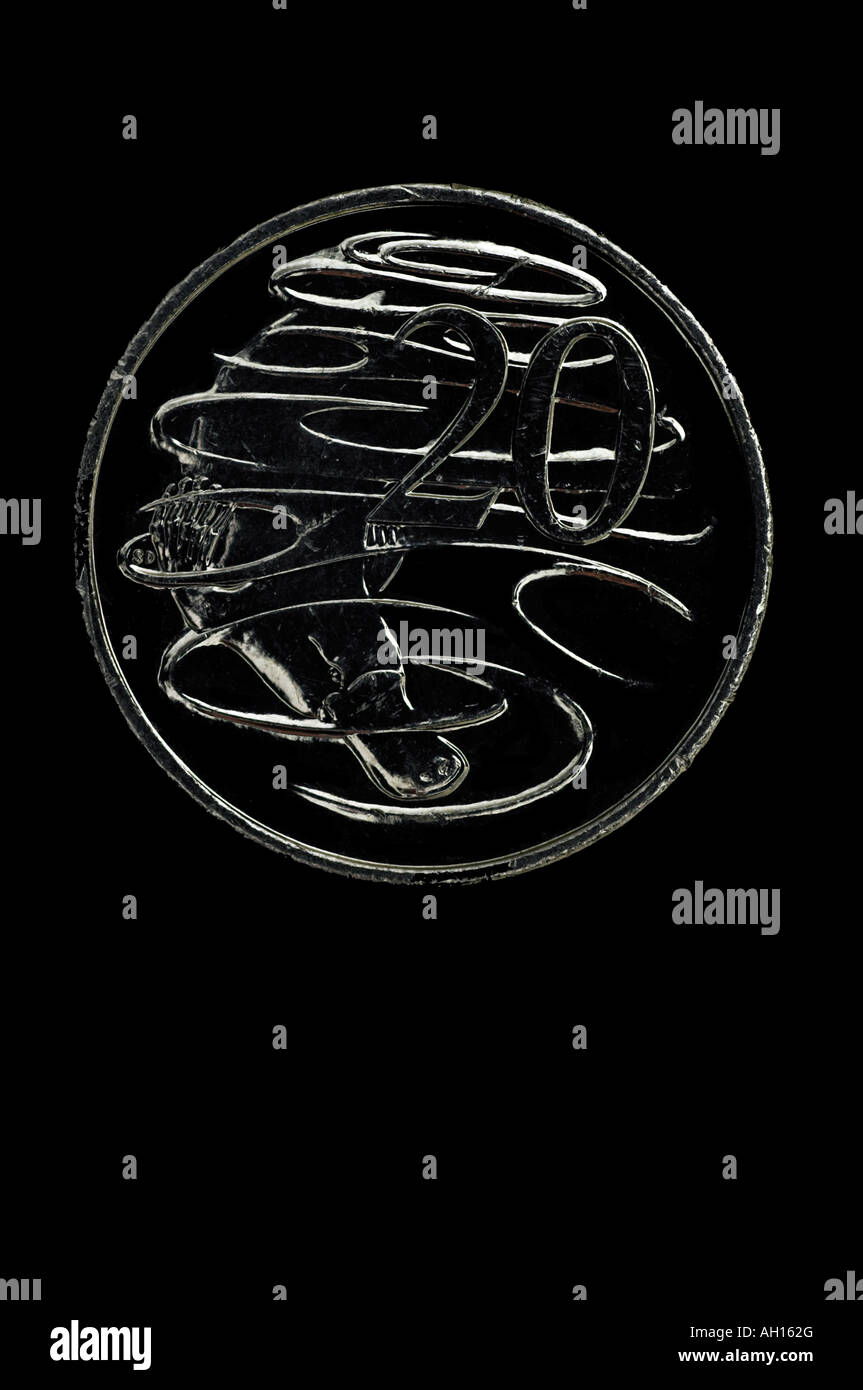 Estremità di coda di Australian 20 cent su sfondo nero Foto Stock