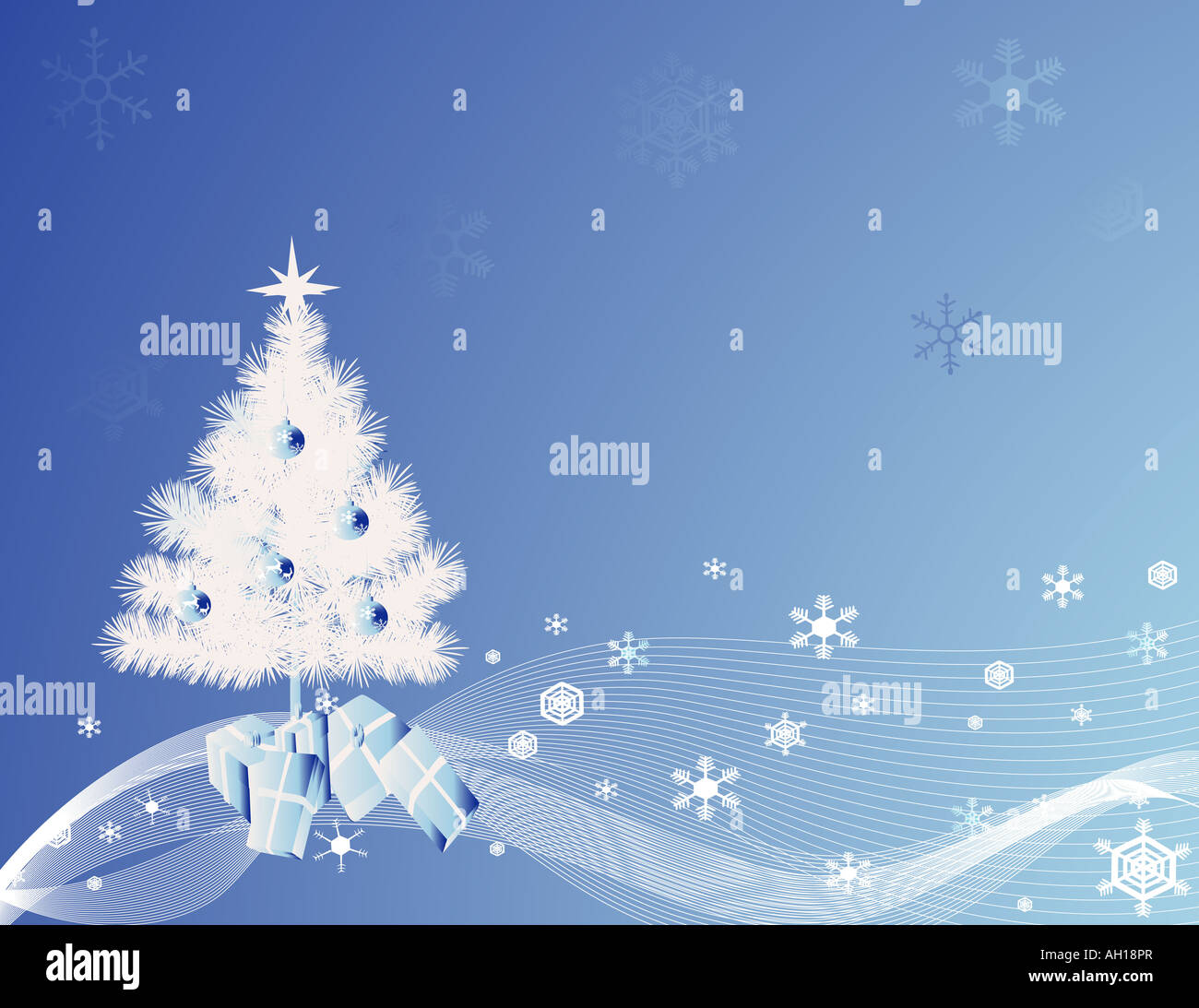 White Christmas tree con uno sfondo blu e il design Foto Stock