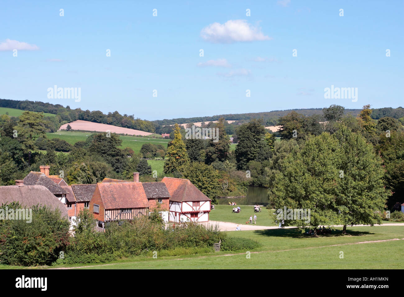 Guardando verso il basso sul Weald and Downland Museum, Singleton, West Sussex, Inghilterra Foto Stock